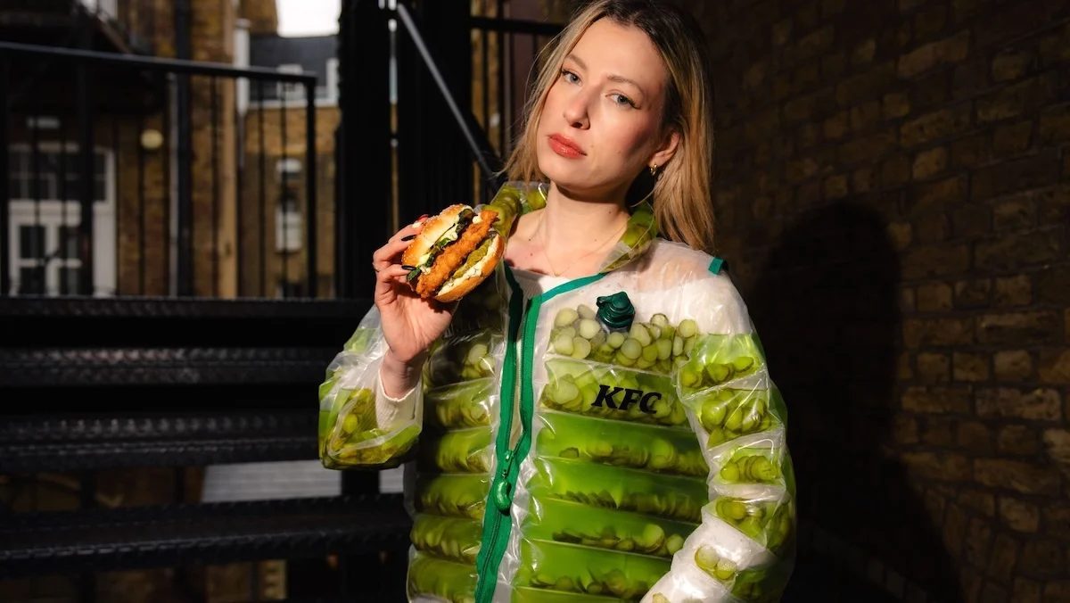 KFC Manufactures Drinkable Pickle Puffer Jacket For UK Menu Launch kfc pickle puffer