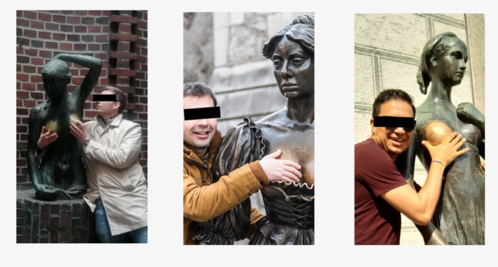 Female bronze statues with their breasts worn significantly showing sexual assault in Germany