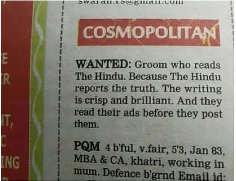 The Hindu printed ad in matrimonial section of  Mumbai Mirror, TOI