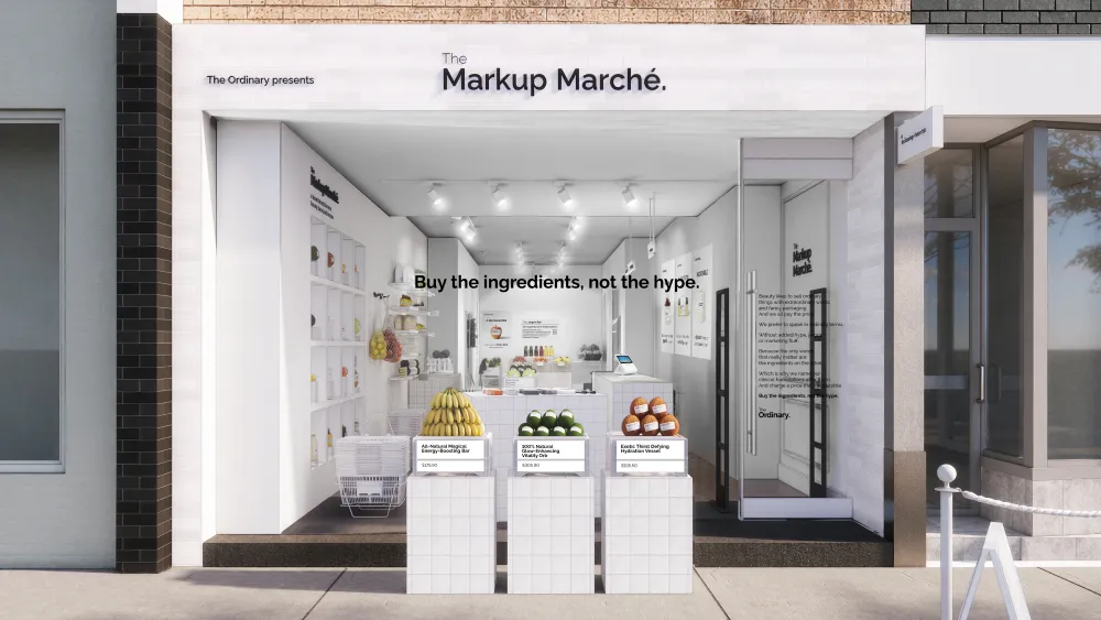 The Ordinary opened a satirical grocery store using luxury packaging and beauty industry jargon to critique inflated pricing.
