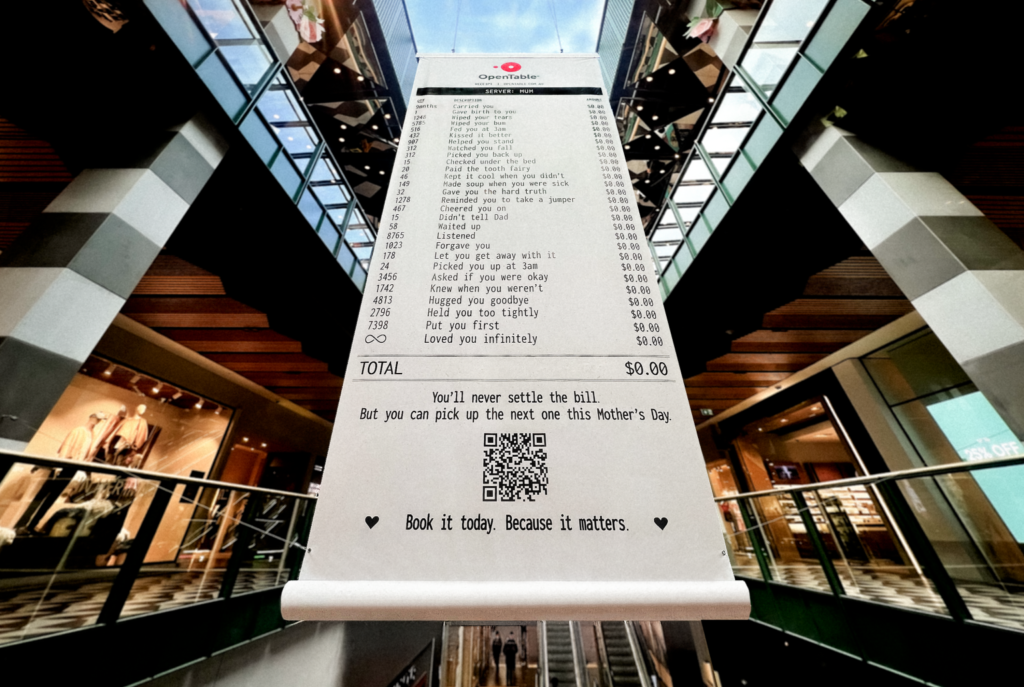 OpenTable's "Billboard" Totalled a Lifetime of Unpaid Maternal Labour and Arrived at $0.00 OpenTable billboard showing lifetime of unpaid labour with receipt totaling zero dollar