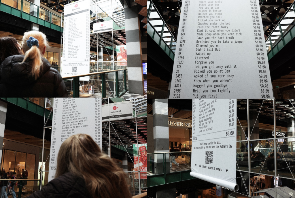 OpenTable's "Billboard" Totalled a Lifetime of Unpaid Maternal Labour and Arrived at $0.00 OpenTable billboard showing lifetime of unpaid labor with receipt totaling zero dollar