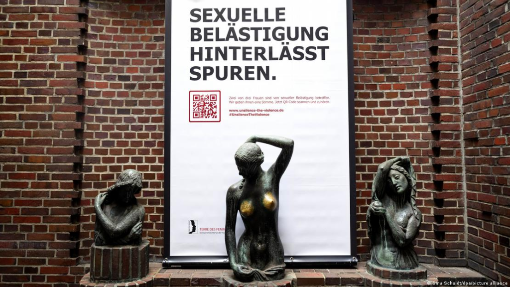 Female bronze statues with their breasts worn significantly showing sexual assault in Germany