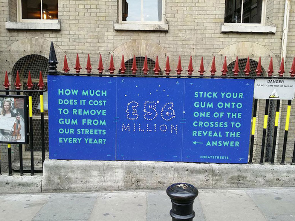 Hubbub Turned Cigarette Butts Into Votes. London's Streets Got 26% Cleaner. Hubbub's solution asked people to stick their used gum onto a sticker cross, and as gum accumulated, it gradually revealed a famous face hidden beneath, turning a piece of waste into the missing material for a piece of public art