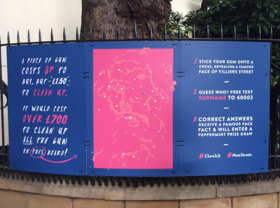 Hubbub Turned Cigarette Butts Into Votes. London's Streets Got 26% Cleaner. Hubbub's solution asked people to stick their used gum onto a sticker cross, and as gum accumulated, it gradually revealed a famous face hidden beneath, turning a piece of waste into the missing material for a piece of public art