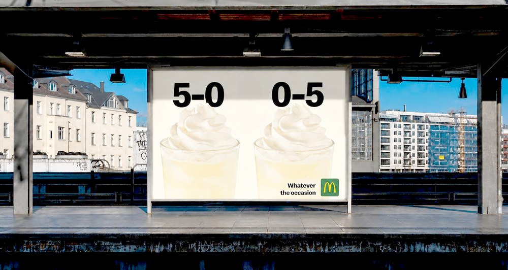 McDonald's France put two headlines on the same billboard. One for when your day went brilliantly. One for when it didn't. Both pointing to the same McFlurry.