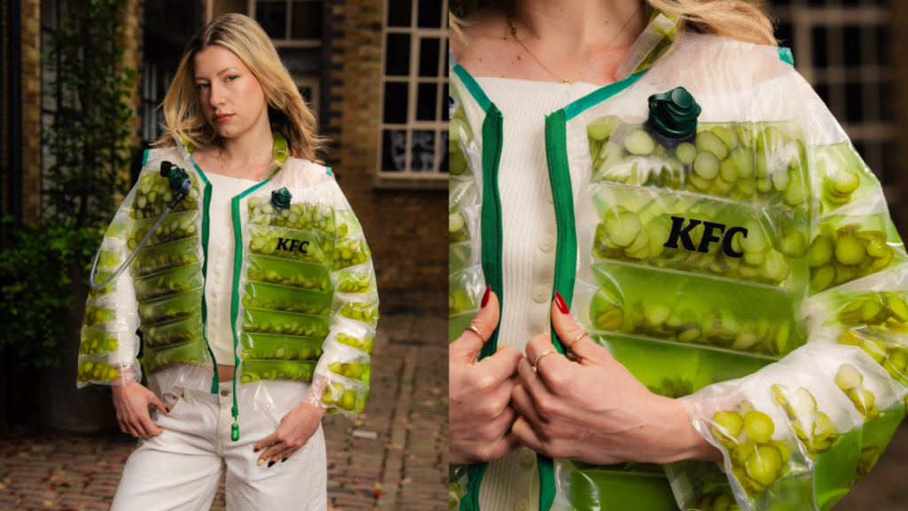  In March 2026, KFC UK launched a pickle-filled puffer jacket, a physical garment stuffed with the scent and visual identity of the pickle, which generated significant press coverage as a piece of deliberately absurdist fashion