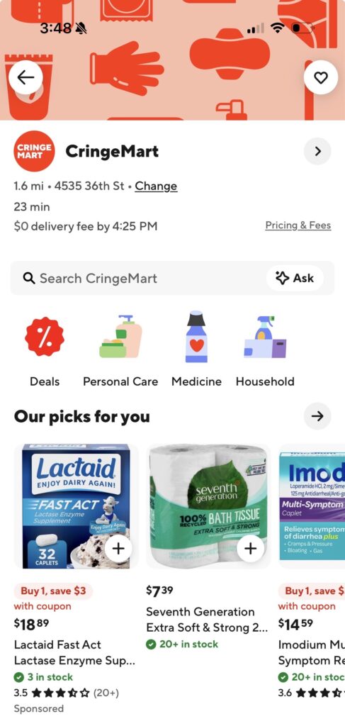 Starting August 3, customers can search "CringeMart" directly in the DoorDash app and shop from a series of curated categories, each one named with the same directness as the campaign itself.