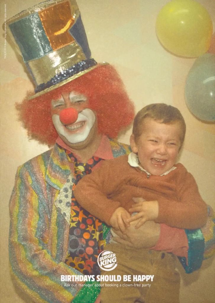 The headline: "Birthdays should be happy." The subhead: "Ask our manager about booking a clown-free party."