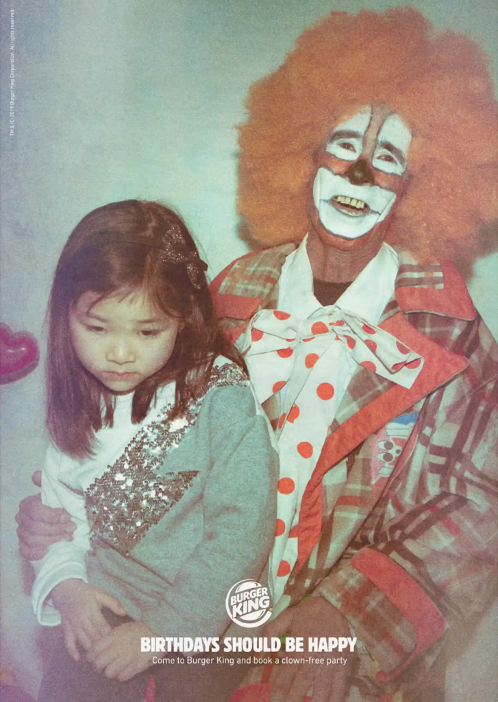 The headline: "Birthdays should be happy." The subhead: "Ask our manager about booking a clown-free party."
