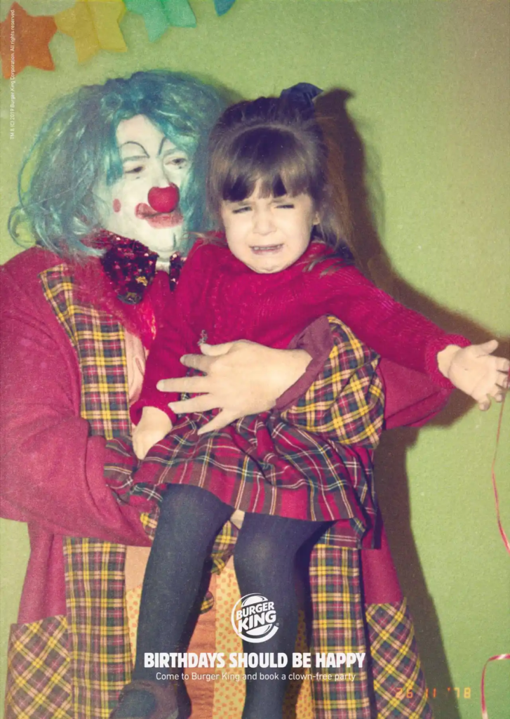 The headline: "Birthdays should be happy." The subhead: "Ask our manager about booking a clown-free party."