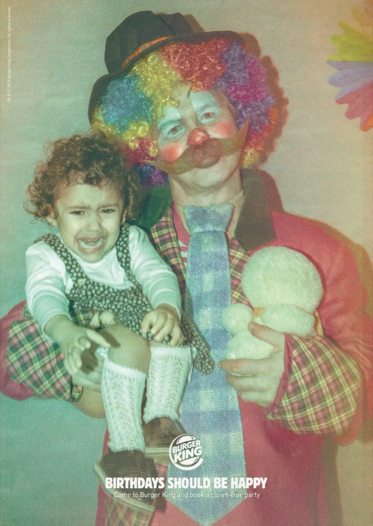The headline: "Birthdays should be happy." The subhead: "Ask our manager about booking a clown-free party."