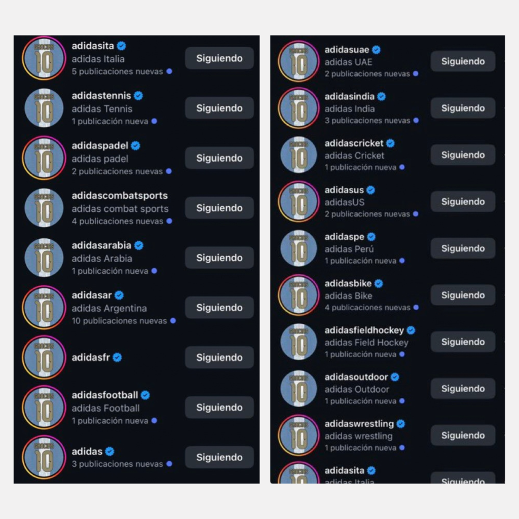 Every official Adidas social media account across the globe changed its profile picture to the same graphic: the number 10 shirt in Argentina’s white and light blue, with the words Gracias 10 across the front of it.