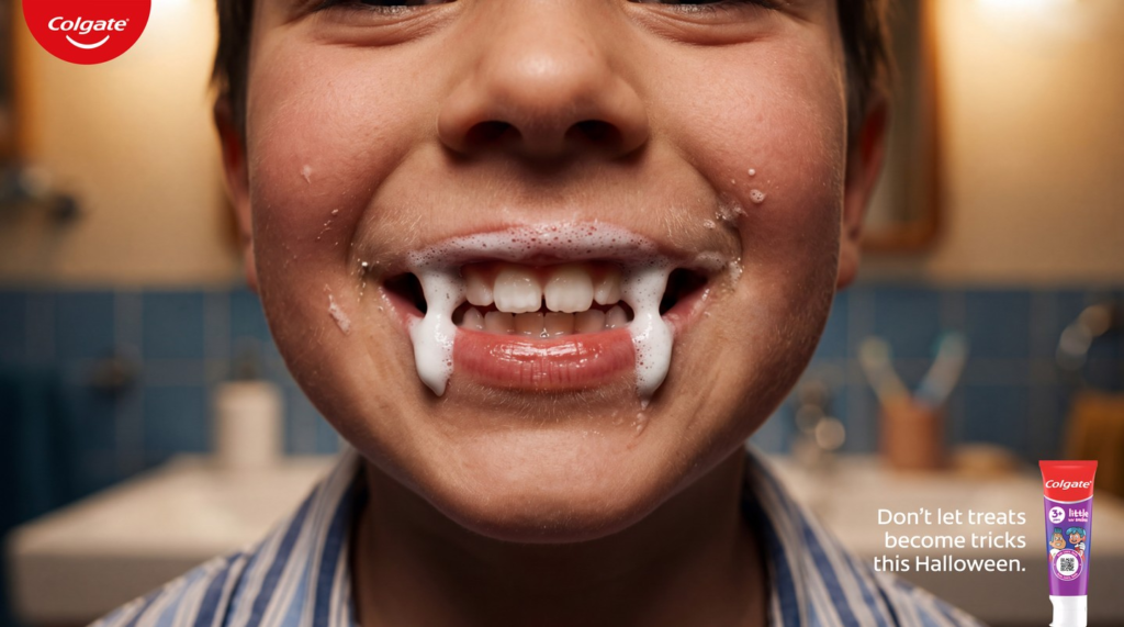 Colgate turns toothpaste foam into vampire fangs, warning “Don’t Let Treats Become Tricks” image
