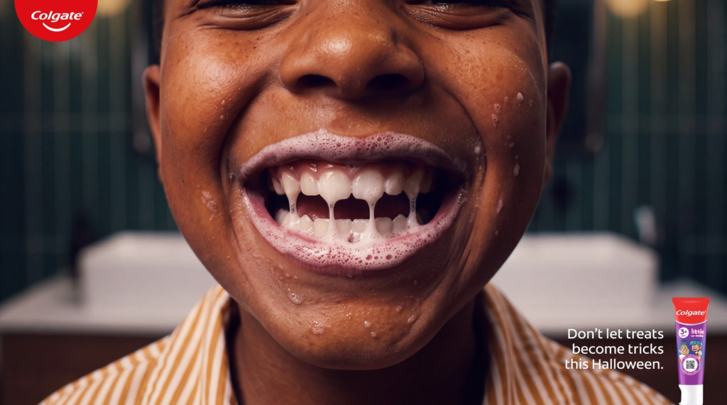 Colgate turns toothpaste foam into vampire fangs, warning “Don’t Let Treats Become Tricks” image
